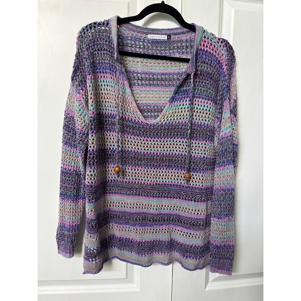 Zaket & Plover Multi Color Striped Crochet Open Knit V-Neck Sweater Purple M